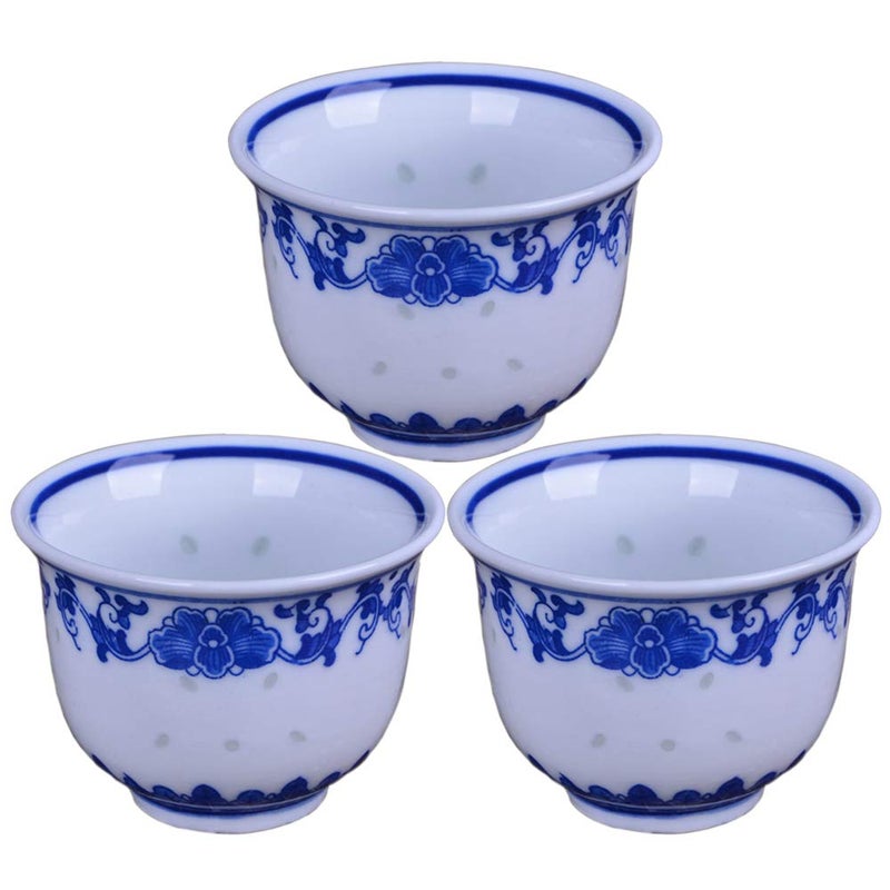 Woonsoon Chinese Handmade Kungfu Tea Cup 80 ml,Bone China Blue and White Tea Cups Set of 3,Ceramic Tea Mugs Without Handles,Best Gift - Image 1